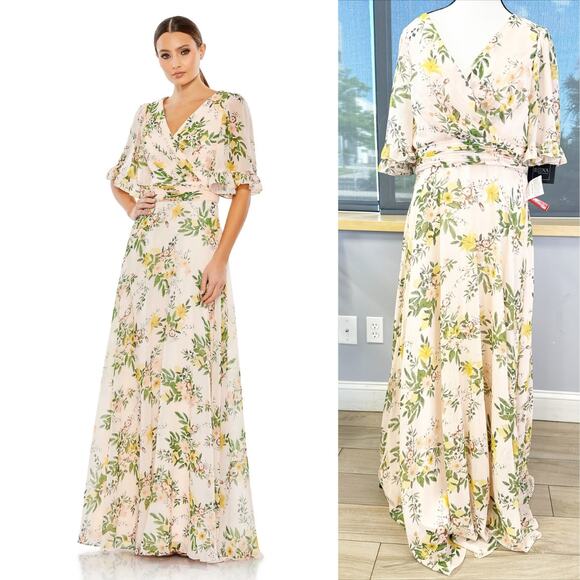 FLORAL PRINT FLUTTER SLEEVE WRAP OVER GOWN 11320 Size 10 - Picture 1 of 8